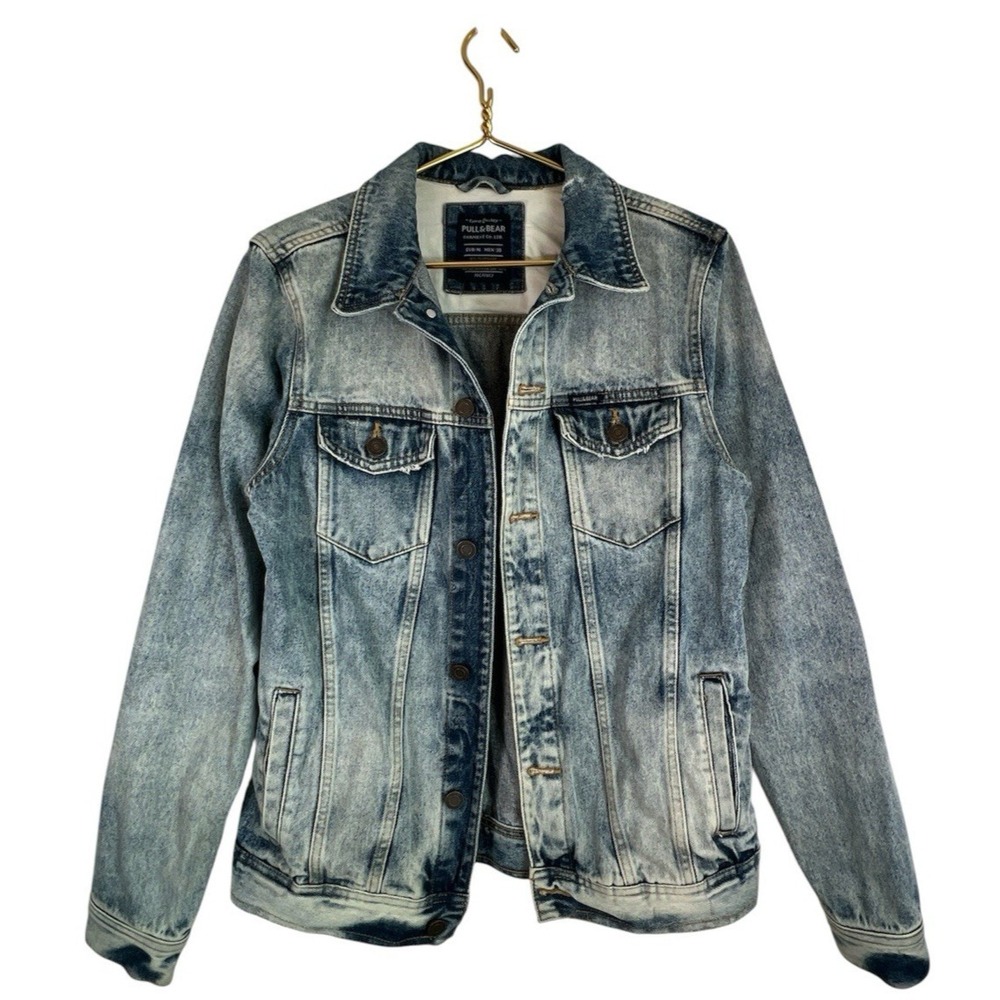 Pull & Bear Jean Jacket Mens M Denim Trucker Acid Wash Distressed 90s Y2K VTG